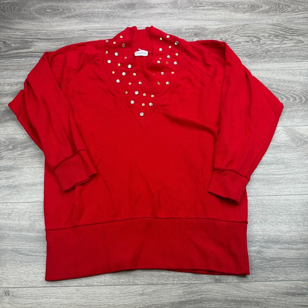 Neiman Marcus Sweatshirt Womens Large Red Rhinestone Crystal Embellished V Neck